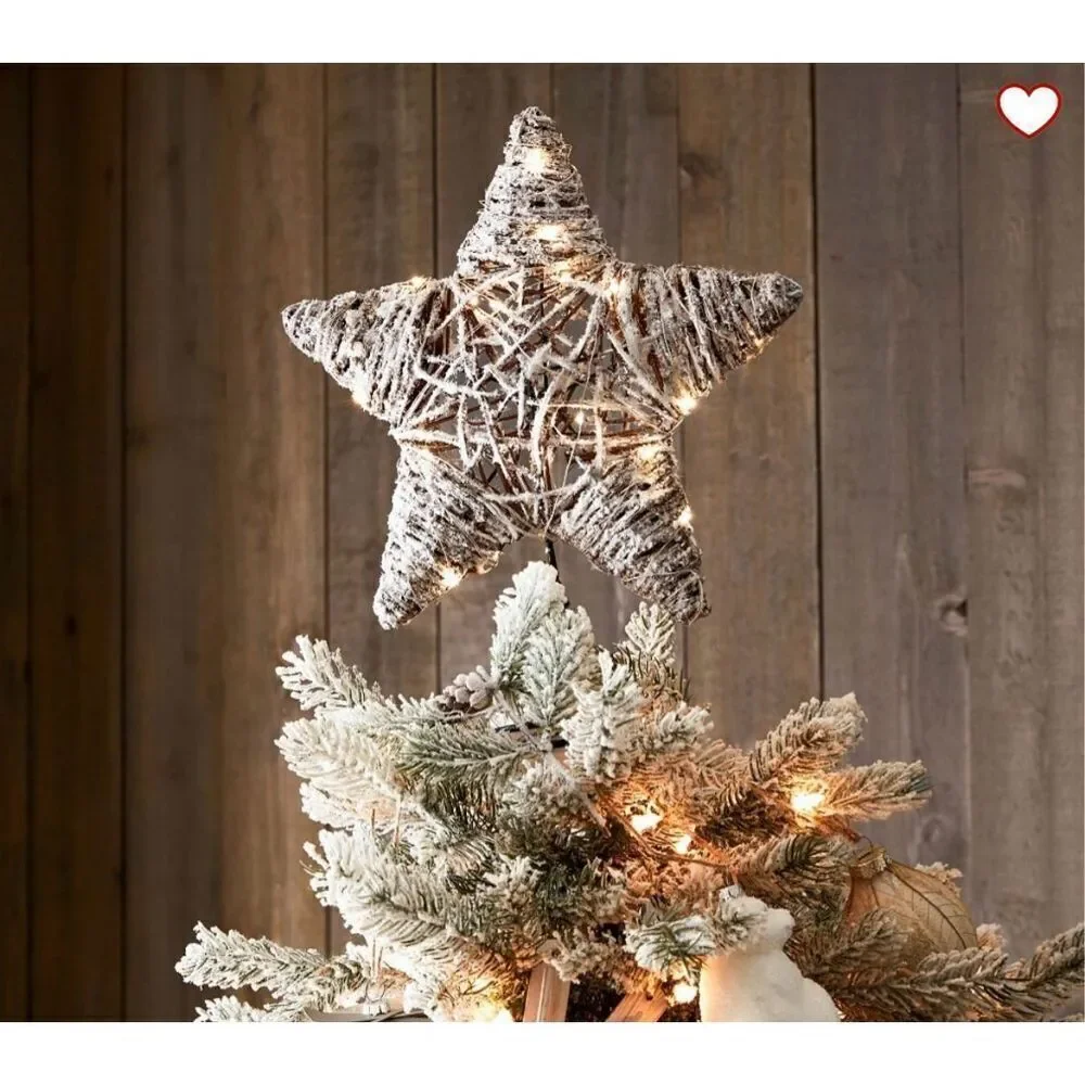 New Pottery Barn Light Up Snowy Star Handcrafted Rattan Tree Topper